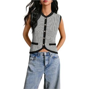 GORGLITTER Women's Striped Sweater Vest Button Down Sleeveless Crewneck Pullover Tank Tops