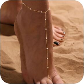 Dainty Gold Anklet for Women - Trendy 14K Gold Plated Ankle Bracelets Adjustable Bead Link Chain Waterproof Pearl CZ Anklets Non Tarnish Foot Jewelry Gift