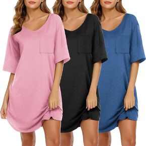 Ekouaer Nightgowns for Women 3 Pack Sleepshirt Short Sleeve Nightshirt V Neck Sleepdress Oversized Sleepwear