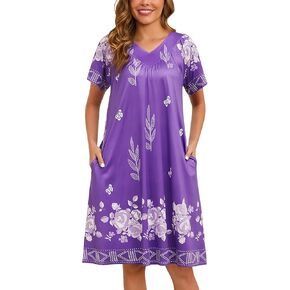 Marvmys Womens House Dress Short Sleeve Nightgown Floral Print Mumu Dress with Pockets V Neck Sleepwear S-3XL