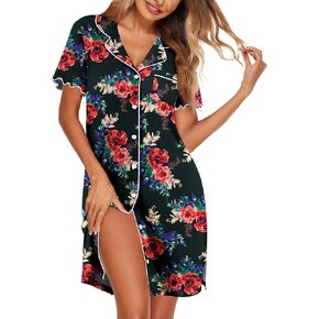 Ekouaer Nightgown for Women Sleep Shirt Short Sleeve Sleepwear Boyfriend Nightshirt Button Down Pajama Dress