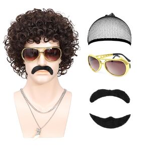70s 80s Disco Wig 6pcs Set Short Afro Curly Wigs for Retro Disco Outfit Men Party Hippies Rocker Cosplay Costume (Brown)