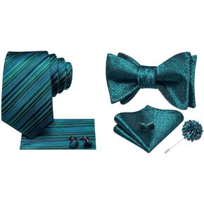 Hi-Tie Men Teal Green Ties and Bowties Sets Silk Stripe Necktie Pocket Square Cufflinks for Business Wedding