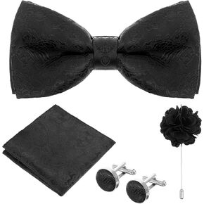 Black Bow Tie, Bow Ties for Men Pre-tied Bow tie and Pocket Square Cufflinks Lapel Pin Set for Formal Events and Business Meetings