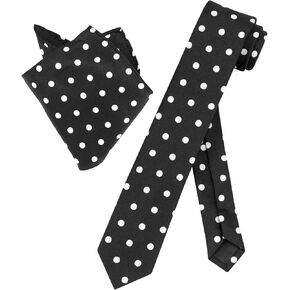Vesuvio Napoli Black w/White Polka Dots Skinny Neck Tie Handkerchief Matching Tie Set