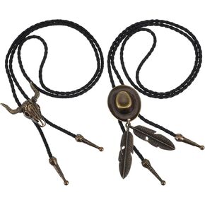 2PCS Bolo Tie, Western Cowboy Tie Vintage Leather Necktie Handmade Hat Feather Necklace Pendant for Men Women