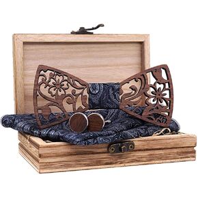 Mens Handmade Wood Hollow Bow Tie with Matching Pocket Square and Men's Wooden Cufflinks Set