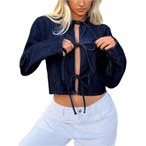 MakeMeChic Women's Bow Tie Front Denim Jacket Y2k Long Sleeve Jean Jacket Outerwear