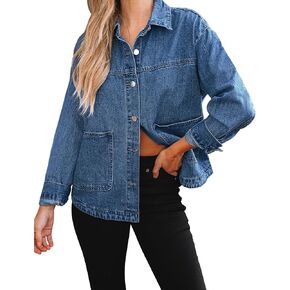 luvamia Denim Jackets for Women Trendy Oversized Long Sleeve Button Down Jean Jacket Casual Shacket with Patch Pockets