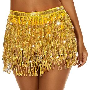 Gold Sequin Tassel Skirt Belly Dance Hip Scarf Wrap Rave Sparkly Fringe Skirts Boho Tassel Hip Scarf Rave Costume