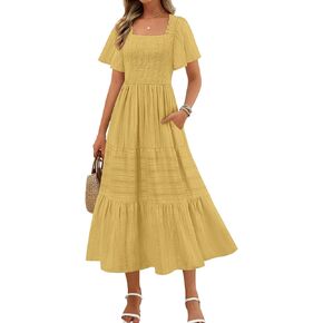 MEROKEETY Women's 2025 Summer Flowy Midi Maxi Dress Short Sleeve Square Neck Smocked Tiered Ruffle Boho Dresses with Pockets