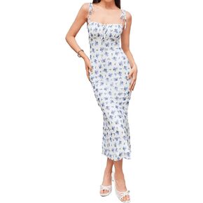CIDER Women's Summer Floral Maxi Dress Spaghetti Strap Sleeveless Bodycon Ruched Mesh Dresses 2025 Trendy