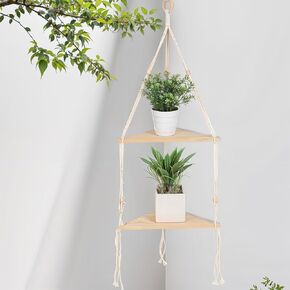 Corner Shelf White Wall Hanging - 2 Tier Wood Floating Shelves, Rustic Boho Wall Shelf Decor Handmade Woven White Rope Beige Hanging Floating Shelves for Plants Pots Photo Frames