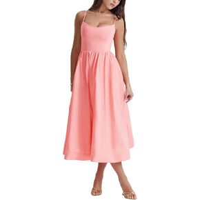Women's Sexy Low Cut Spaghetti Strap Long Dress Casual Sleeveless Backless Slimd Midi Dress Square Neck Bustier Dress