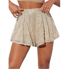 OYOANGLE Women's Sequin Glitter High Waisted Skirt Shorts Party Sparkly A Line Mini Skort