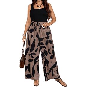 Soly Hux Women's Plus Size Print Belted Blettuits عرضية صيف بلا أكمام مربعة رقبة عريضة ساق الساق رومبير