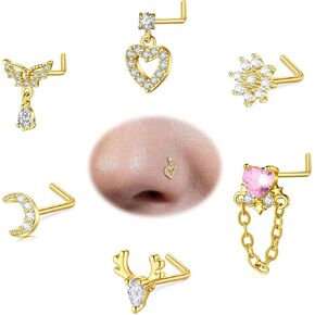 AVYRING Gold Nose Ring Stud Dangle Nose Studs L Shape for Women Stainless Steel CZ Heart Moon Flower Nose Piercing Jewelry 18g 20 g