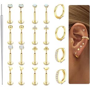 Sanfenly Threadless Flat Back Earrings Studs 316L Surgical Steel Cartilage Earrings for Women Men Push in Nose Rings Studs 20G 18G 16G CZ Opal Tragus Helix Conch Lip Labret Medusa Nostril Monroe Piercing Jewelry Hypoallergenic