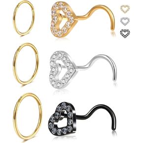Heart Nose Rings Studs - 20G Gold/Silver Nose Rings for Women Men 14K Gold Filled & 316L Surgical Stainless Steel Nose Studs Hypoallergenic Corkscrew Nose Piercing Jewelry - 6PCS