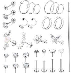 MILACOLATO Hypoallergenic Cartilage Earrings Stud Hoop for Women 16-20G Surgical Steel Tragus Earrings Push in Nose Studs Threadless Flat Back Earrings Lip Labret Daith Conch Helix Piercing Jewelry