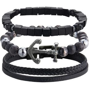 Dazylleco 3pc Mens Beaded Bracelets Silver Stainless Steel Chain Bracelet for Men Handmade Braided Bracelet Sets Jewelry Gifts for Men in Saudi Arabia