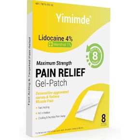 Lidocaine 4% Patches Plus Menthol 1% - 8 Count Maximum Strength Pain Relief Patches for Back Pain, Joint & Muscle Soreness - Long-Lasting, Fast Acting