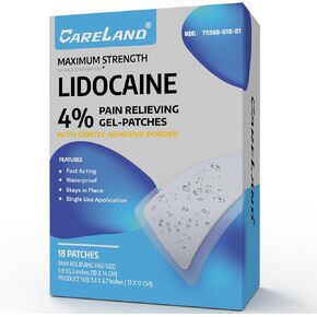 CARELAND 4% Lidocaine Patches 18 Pcs Waterproof Maximum Strength Back Pain Relief Products Patches with Strong Adhesive Border, for Neck Knee Nerve Shoulder Pain Relief Muscle Relaxer, Super Sticky
