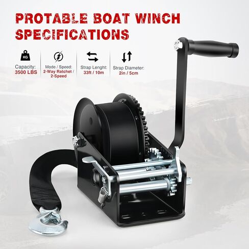 Nilight Boat Trailer Winch 3500 Lbs Hand Crank Winch Heavy Duty Boat Winches with 33Ft Strap Rope Hook Two Way Ratchet 4:1 8:1 Gear Portable Marine Manual Winch for Trailers Boat RV ATV Jet Ski Towing in Saudi Arabia