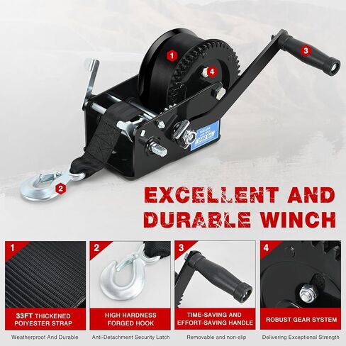 Nilight Boat Trailer Winch 3500 Lbs Hand Crank Winch Heavy Duty Boat Winches with 33Ft Strap Rope Hook Two Way Ratchet 4:1 8:1 Gear Portable Marine Manual Winch for Trailers Boat RV ATV Jet Ski Towing in Saudi Arabia