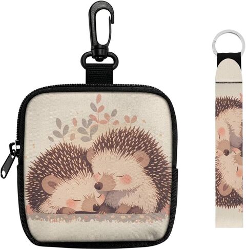 Hedgehog Couples Mini Coin Purse Pouch Wallet with Keychain, Cartoon Animal Lover Small Storage Organizer Tech Bag, Beige Coin Purse Wallet in Kuwait