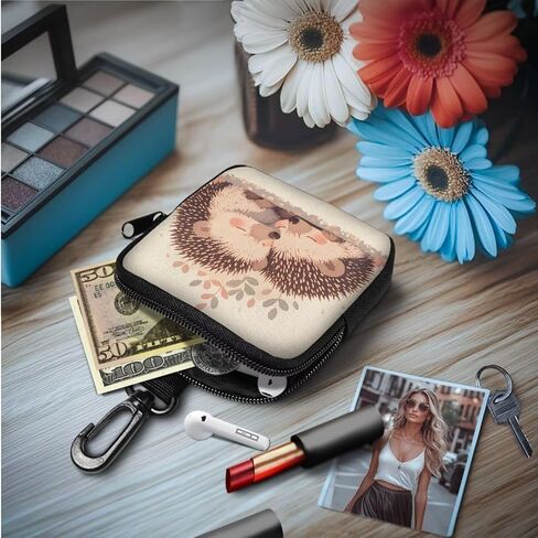 Hedgehog Couples Mini Coin Purse Pouch Wallet with Keychain, Cartoon Animal Lover Small Storage Organizer Tech Bag, Beige Coin Purse Wallet in Kuwait