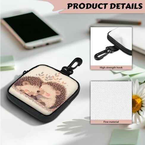 Hedgehog Couples Mini Coin Purse Pouch Wallet with Keychain, Cartoon Animal Lover Small Storage Organizer Tech Bag, Beige Coin Purse Wallet in Kuwait