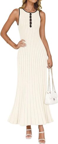 ZESICA Womens 2025 Summer Long Maxi Dress Sleeveless Crew Neck Hollow Out Pleated Ribbed Knit Swing Tank Dresses in Saudi Arabia