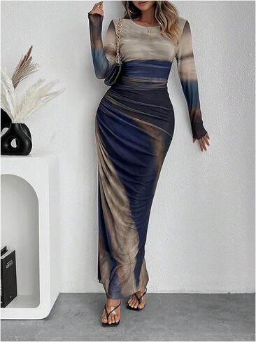 Women's Tie Dye Long Sleeve Maxi Dress Bodycon Ruched Night Out Formal Cocktail Long Dress for Wedding Guest Party in Kuwait