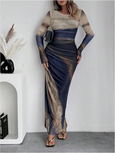 Women's Tie Dye Long Sleeve Maxi Dress Bodycon Ruched Night Out Formal Cocktail Long Dress for Wedding Guest Party in Kuwait