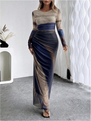 Women's Tie Dye Long Sleeve Maxi Dress Bodycon Ruched Night Out Formal Cocktail Long Dress for Wedding Guest Party in Kuwait