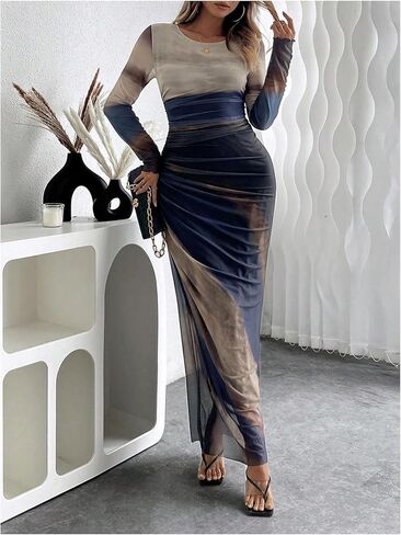 Women's Tie Dye Long Sleeve Maxi Dress Bodycon Ruched Night Out Formal Cocktail Long Dress for Wedding Guest Party in Kuwait