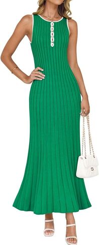 ZESICA Womens 2025 Summer Long Maxi Dress Sleeveless Crew Neck Hollow Out Pleated Ribbed Knit Swing Tank Dresses in Kuwait