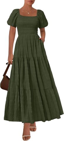 PRETTYGARDEN Womens Summer Puff Short Sleeve Maxi Dress Square Neck Smocked Tiered Ruffle A Line Long Flowy Beach Dresses in Saudi Arabia