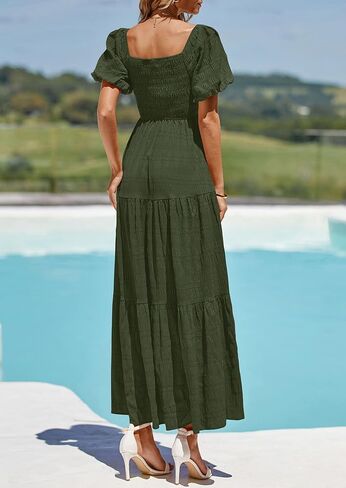 PRETTYGARDEN Womens Summer Puff Short Sleeve Maxi Dress Square Neck Smocked Tiered Ruffle A Line Long Flowy Beach Dresses in Saudi Arabia