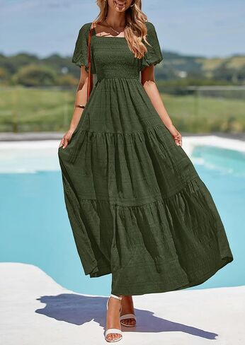 PRETTYGARDEN Womens Summer Puff Short Sleeve Maxi Dress Square Neck Smocked Tiered Ruffle A Line Long Flowy Beach Dresses in Saudi Arabia