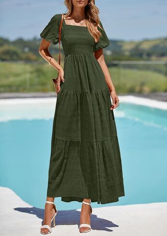 PRETTYGARDEN Womens Summer Puff Short Sleeve Maxi Dress Square Neck Smocked Tiered Ruffle A Line Long Flowy Beach Dresses in Saudi Arabia