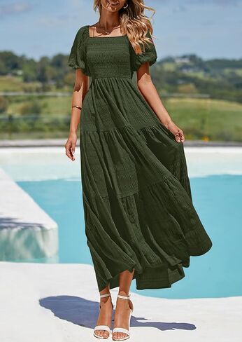 PRETTYGARDEN Womens Summer Puff Short Sleeve Maxi Dress Square Neck Smocked Tiered Ruffle A Line Long Flowy Beach Dresses in Saudi Arabia