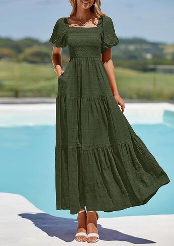 PRETTYGARDEN Womens Summer Puff Short Sleeve Maxi Dress Square Neck Smocked Tiered Ruffle A Line Long Flowy Beach Dresses in Saudi Arabia