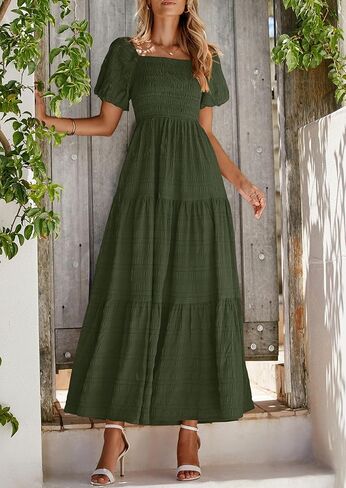 PRETTYGARDEN Womens Summer Puff Short Sleeve Maxi Dress Square Neck Smocked Tiered Ruffle A Line Long Flowy Beach Dresses in Saudi Arabia