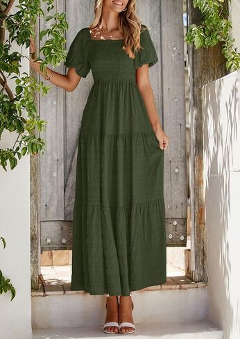 PRETTYGARDEN Womens Summer Puff Short Sleeve Maxi Dress Square Neck Smocked Tiered Ruffle A Line Long Flowy Beach Dresses in Saudi Arabia