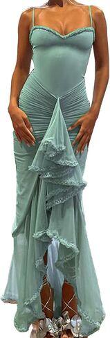 NRTHYE Women Elegant Irregular Ruffles Hem Maxi Dress Mesh Ruched Sleeveless Backless Pleated Long Party Club Dresses in Saudi Arabia