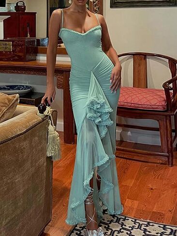 NRTHYE Women Elegant Irregular Ruffles Hem Maxi Dress Mesh Ruched Sleeveless Backless Pleated Long Party Club Dresses in Saudi Arabia