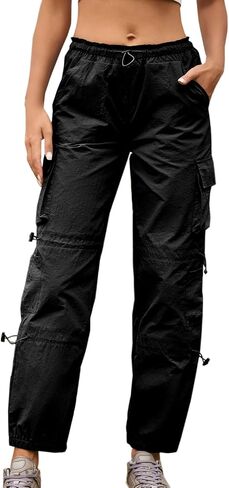 Cromoncent Girls&Womens High Waist Parachute Lightweight Pants Y2K Cargo Trousers with Pockets 6 Years-Women 2XL in Saudi Arabia