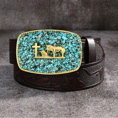 Western Belt Buckle for Men, Antique Golden Horse Belt Buckle with Turquoise Surface Women Halloween Christmas in Saudi Arabia